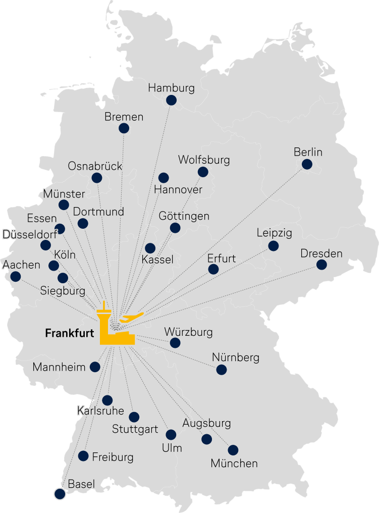 Deutschlandkarte mit 26 Städte, die Lufthansa in Kooperation mit der Bahn mit FRA verbindet.  