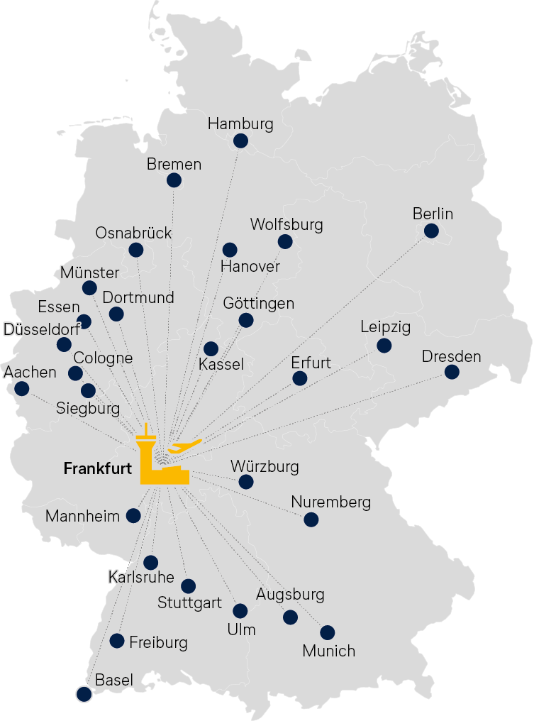 Map of Germany with 26 cities that Lufthansa connects to FRA in cooperation with German railroads